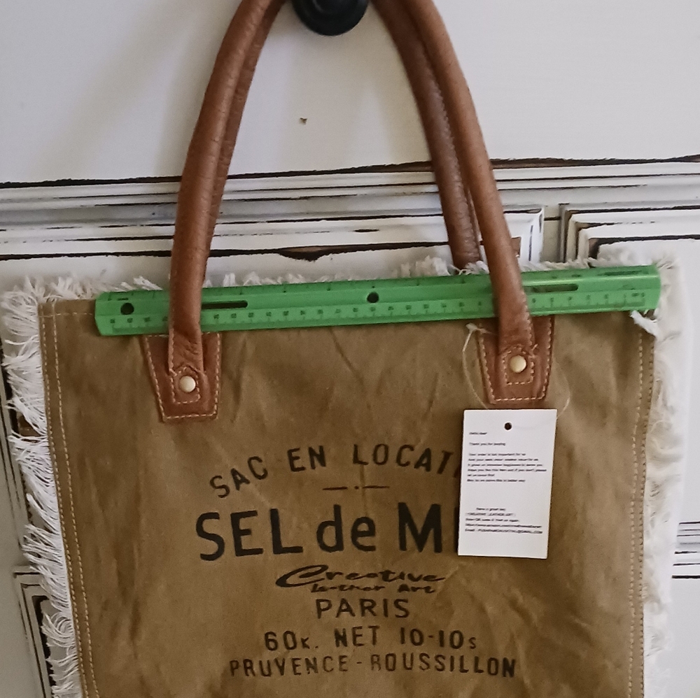 Sel De Mer Paris Canvas Tote Bag Tan Cream Fringe - Picture 3 of 12